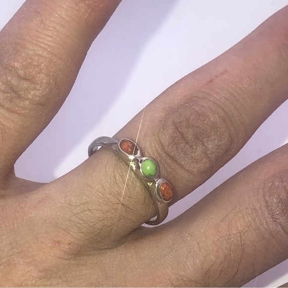 VTG Sterling Turquoise & Coral Stone Stacker Ring Sz 7.75 - Picture 6 of 8